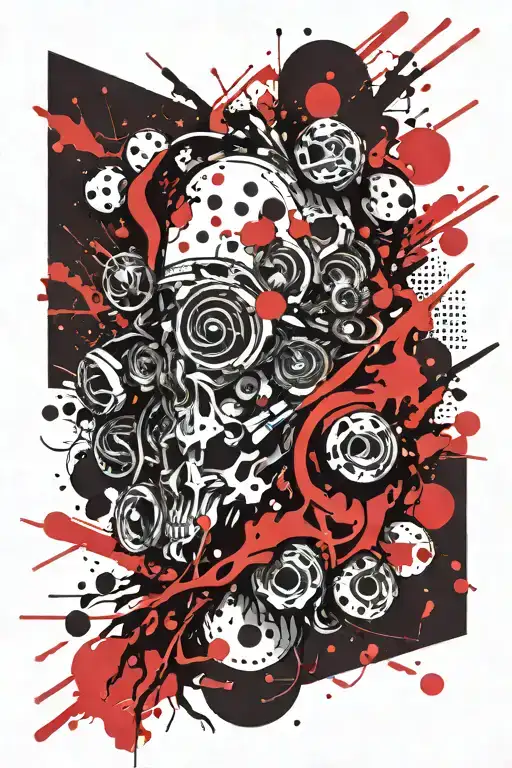 The style is minimalistic graphics. Thrash polka. A sketch. The color is black. 3D red accents. There are many straight  tattoo design idea