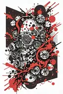The style is minimalistic graphics. Thrash polka. A sketch. The color is black. 3D red accents. There are many straight  tattoo design idea