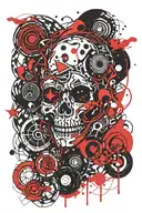 The style is minimalistic graphics. Thrash polka. A sketch. The color is black. 3D red accents. There are many straight  tattoo design idea