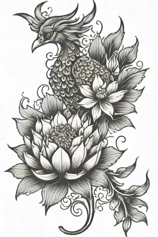 phoenix and lotus flower tattoo design idea