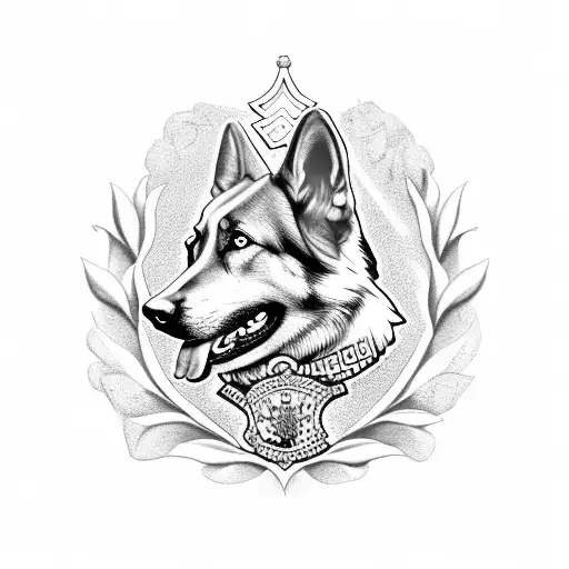 house crest with german shepherd in middle with veronica flowers and ivys holding a roman coin  tattoo design idea