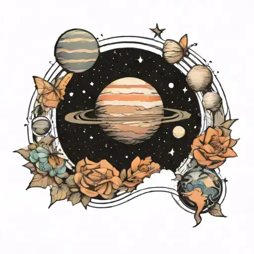 Universe, planets, one highlighted planet, decreasing butterflies in line, connective thin lines, stars background and tattoo design idea