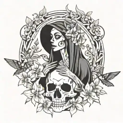 A tattoo of Santa Muerte surrounded by orchids and hummingbirds, representing spirituality tattoo design idea