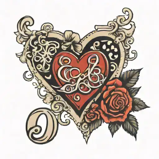red heart, letters D and K and numbers 28, 10 tattoo design idea