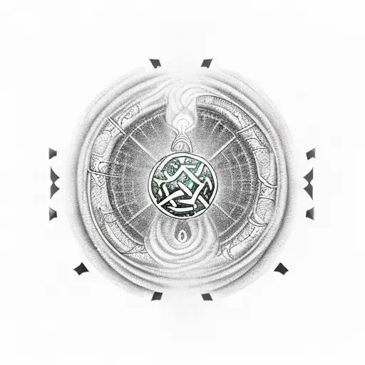 Realistic fanfir dragon connected to vegvisir encircled by elder futhark runes with red background tattoo design idea