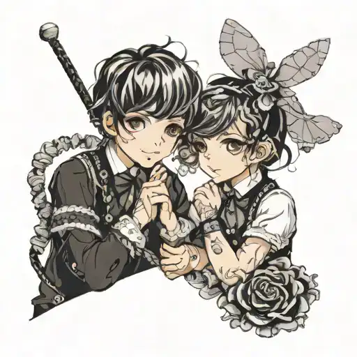 two boys in lolita fashion and bondage tattoo design idea
