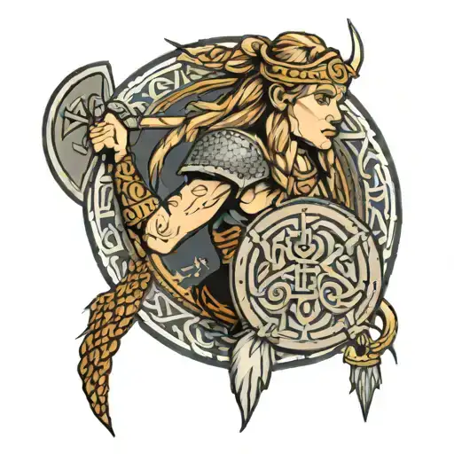 A viking shield maiden with intricate braided hair and a fierce expression, holding a spear adorned with viking runes tattoo design idea