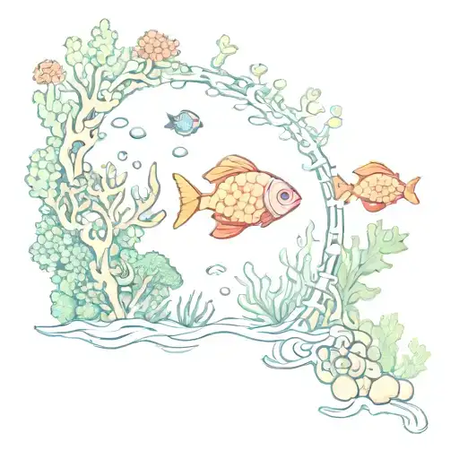 A serene underwater scene with colorful coral reefs and chainmaille accents tattoo design idea