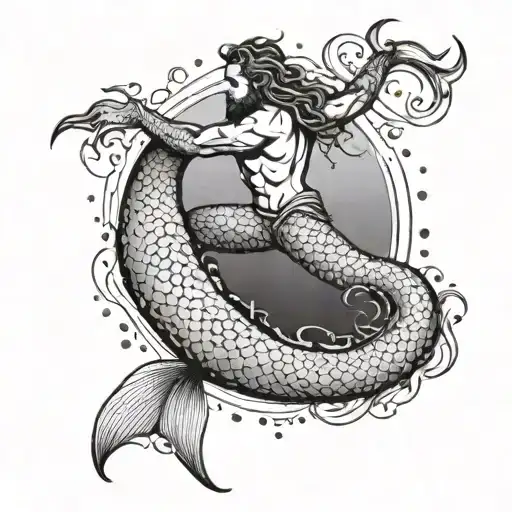 A mystical merman emerging from a wave with a chainmaille tail tattoo design idea