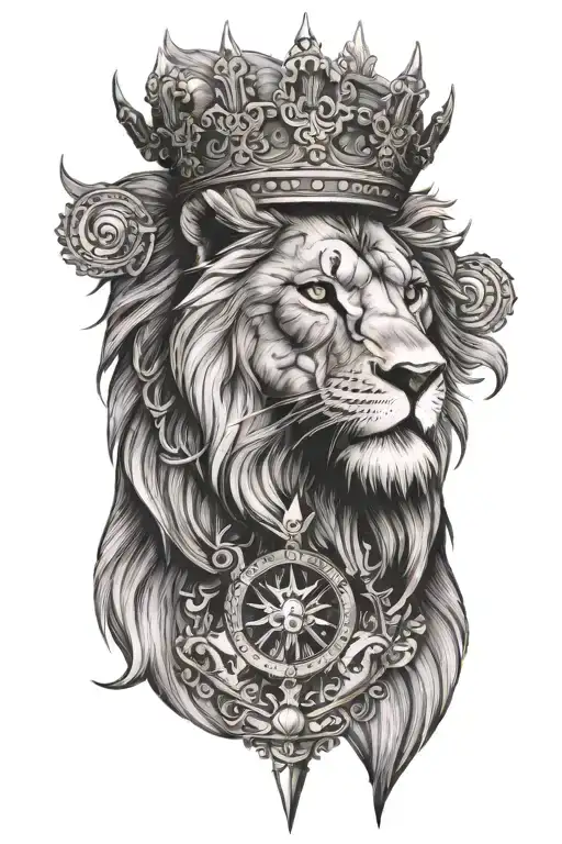 lion wearing a crown viking compass tattoo design idea