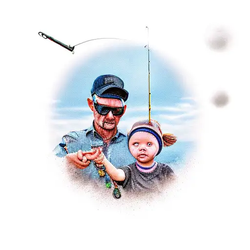 Father Daughter and Two Son Fishing Watercolor Print Fishing Kids