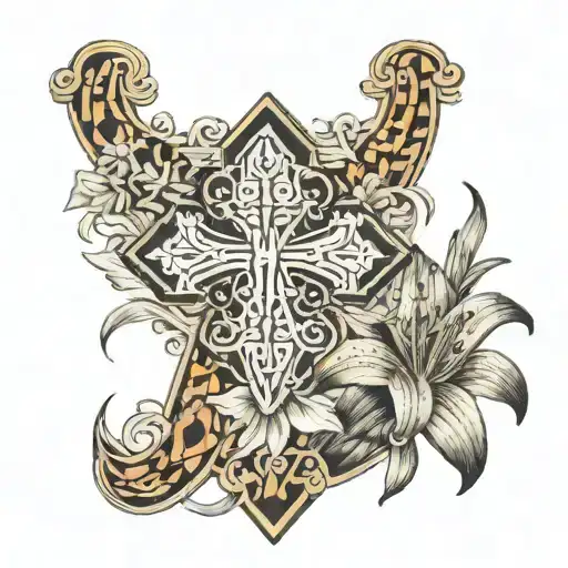 Cross with tiger lillies with Name Kelsey and dates 1991-2012 tattoo design idea