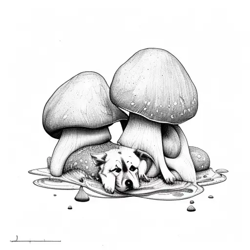 psychedelic mushrooms with a dog sleeping under them tattoo design idea