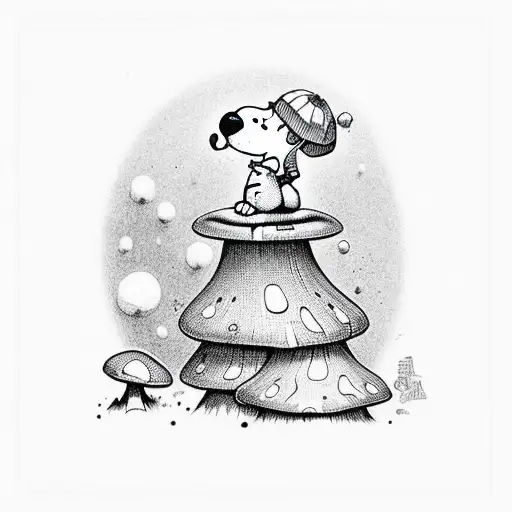 psychedelic mushrooms with snoopy sleeping under them tattoo design idea