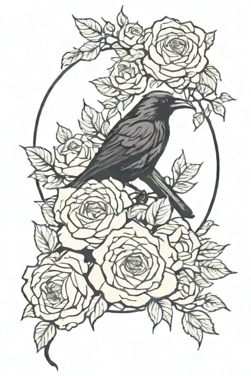azaleas roses and a raven tattoo design idea