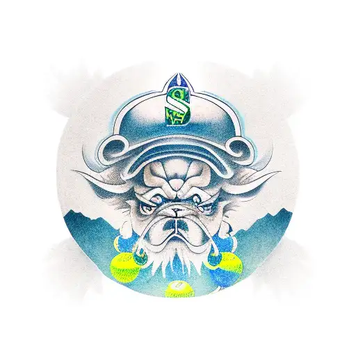oni fu dog holding a seattle mariners logo ball tattoo design idea