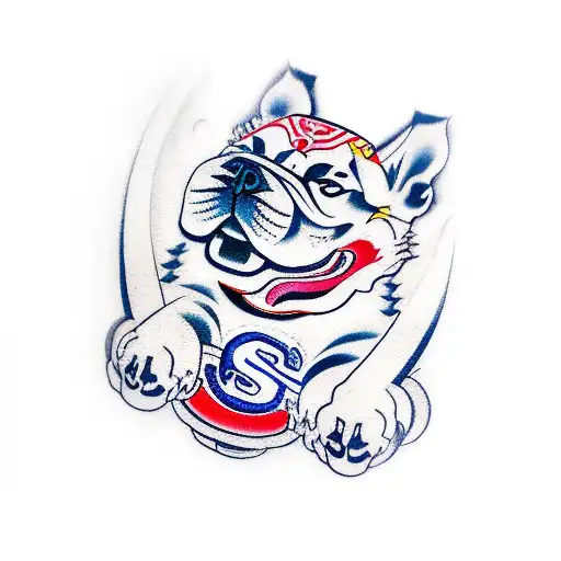 asian fu dog holding a seattle mariners logo ball tattoo design idea