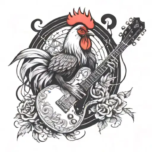 A rooster playing a guitar surrounded by paintbrushes and musical notes tattoo design idea