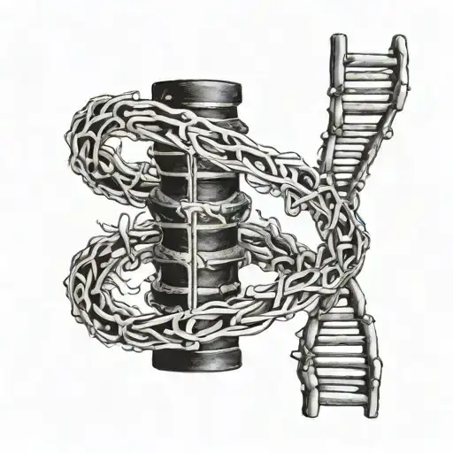 A detailed anatomical illustration of the human spine intertwined with a DNA double helix, symbolizing the connection between science and the human body tattoo design idea