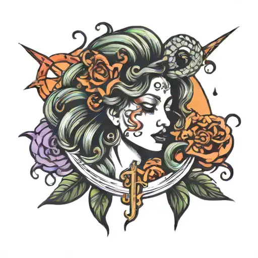 Semicolon and safetypin and Medusa tattoo design idea