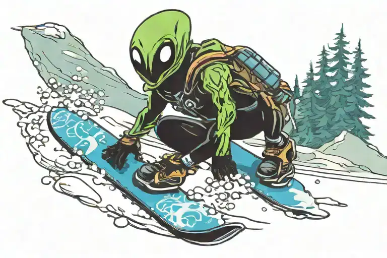 alien riding a snowboard season tattoo design idea
