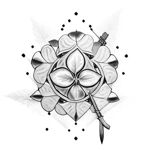 combine a five leafed clover and a wide sword tattoo design idea