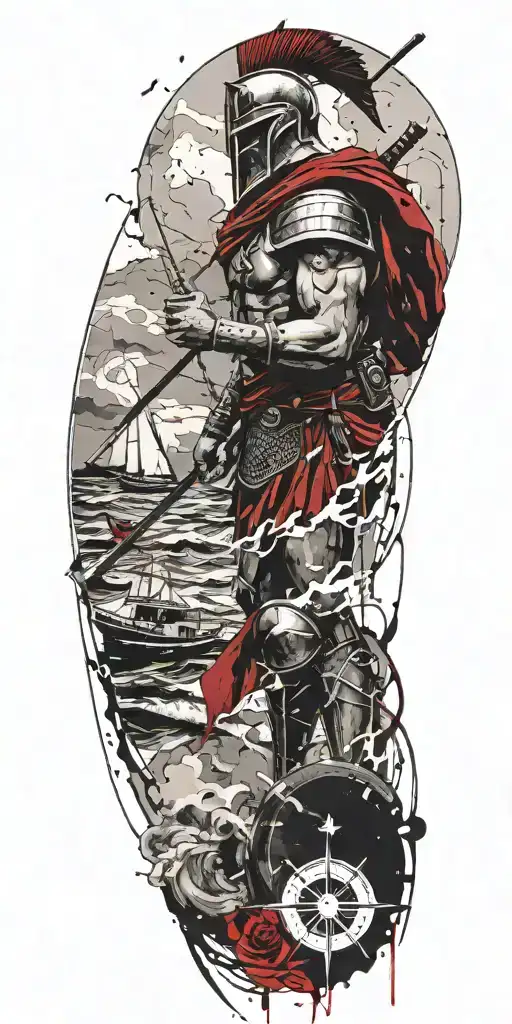 A Spartan warrior sailing on a boat in a stormy sea, with a compass rose in the background tattoo design idea