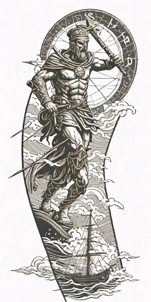 A Spartan warrior sailing on a boat in a stormy sea, with a compass rose in the background tattoo design idea