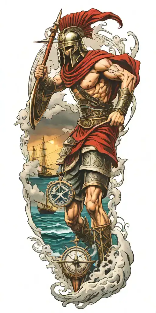 A Spartan warrior sailing on a boat in a stormy sea, with a compass rose in the background tattoo design idea
