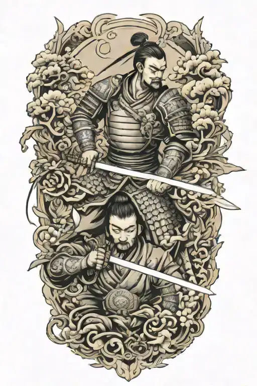 battlefield with warriors virtical sword tattoo design idea