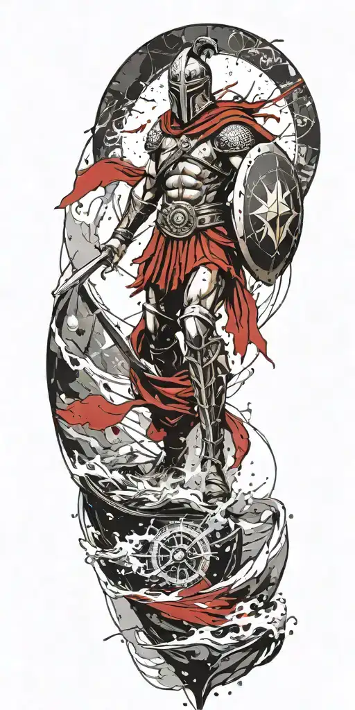 A Spartan warrior sailing on a boat in a stormy sea, with a compass rose in the background tattoo design idea