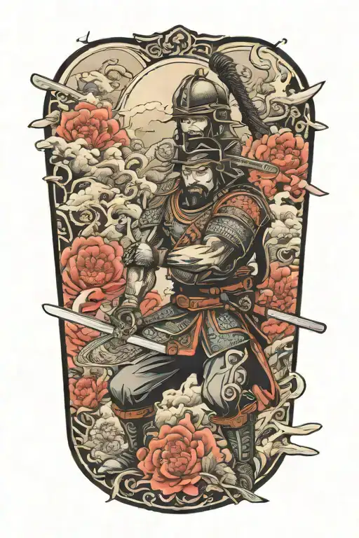 battlefield with warriors virtical sword tattoo design idea