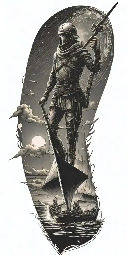 A futuristic design of a warrior sailing on a boat through electrified waters, reflecting the client's occupation as an electrical technician tattoo design idea