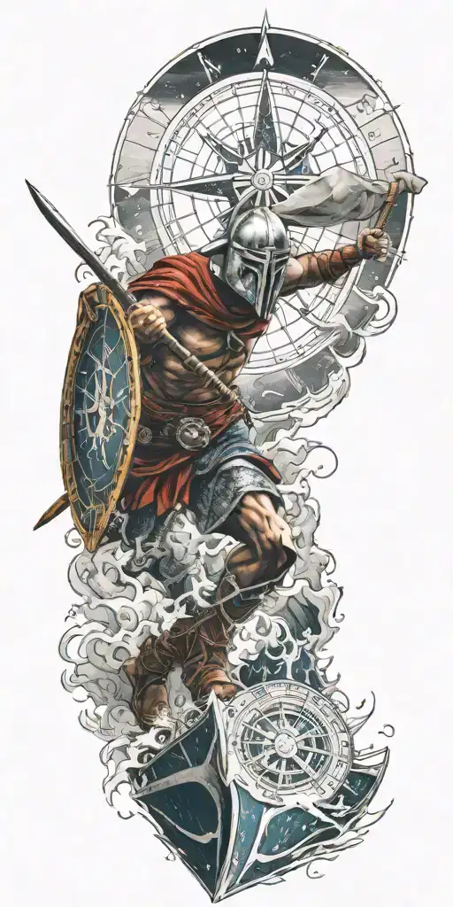 A Spartan warrior sailing on a boat in a stormy sea, with a compass rose in the background tattoo design idea
