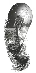 A futuristic design of a warrior sailing on a boat through electrified waters, reflecting the client's occupation as an electrical technician tattoo design idea