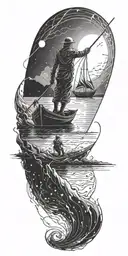 A futuristic design of a warrior sailing on a boat through electrified waters, reflecting the client's occupation as an electrical technician tattoo design idea