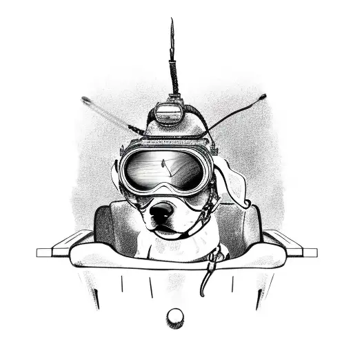 A dog wearing aviator goggles and scarf, sitting in a cockpit tattoo design idea