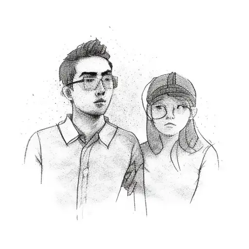 a 20 year old male holding hands with a 20 year old female, their heads are blurred squares, they are surrounded border tattoo design idea