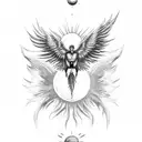 Icarus falling from sun, wings melting and feathers falling. tattoo design idea