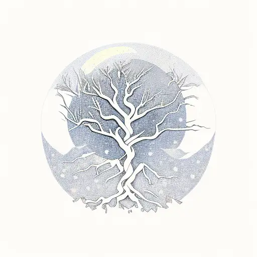 Mountain, moon ، leafless tree with roots tattoo design idea
