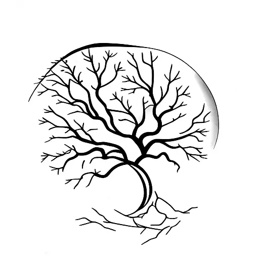 Mountain, moon and leafless tree with roots tattoo design idea
