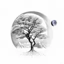 Mountain, moon ، leafless tree with roots tattoo design idea
