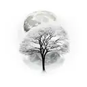 Mountain, moon ، leafless tree with roots tattoo design idea
