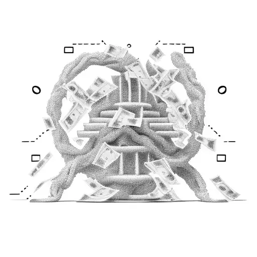A stack of cash with a JavaScript code snippet flowing out, representing the fusion of money and programming tattoo design idea