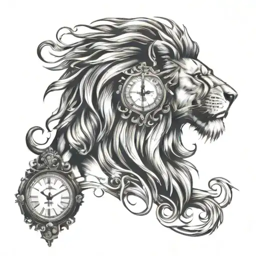 lion head and clock 4:02 tattoo design idea