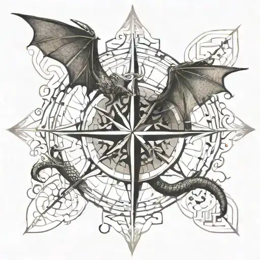 An intricate compass rose with a dragon in the center tattoo design idea