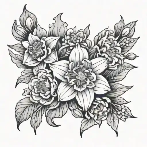 Daffodil, Marigold, chrysanthemum and Narcissus flower tattoo design idea