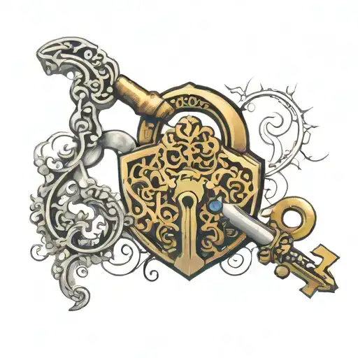 A lock and key design with intricate patterns and hidden symbols representing secrets and mysteries, incorporating elements of neotraditional style tattoo design idea