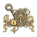 A lock and key design with intricate patterns and hidden symbols representing secrets and mysteries, incorporating elements of neotraditional style tattoo design idea