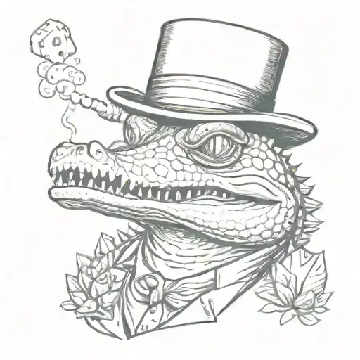 An alligator wearing a top hat and smoking a cigar made of pills tattoo design idea
